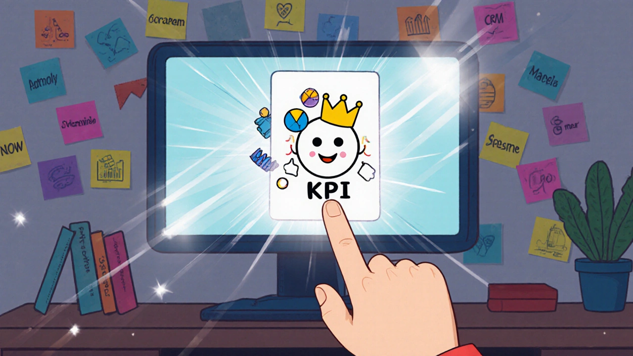 A learner hovering over a video to reveal a friendly animated pop-up definition of KPI with dancing charts.