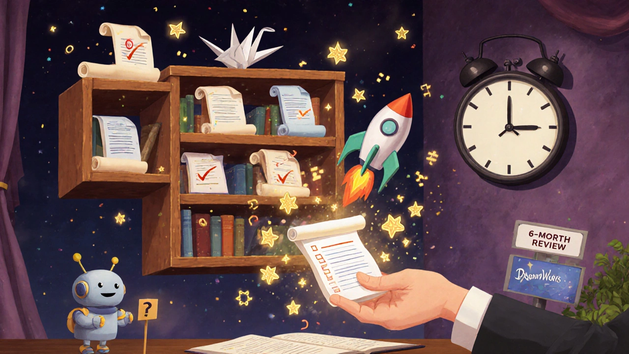 A magical floating reference library with templates as paper cranes and formulas as glowing constellations.