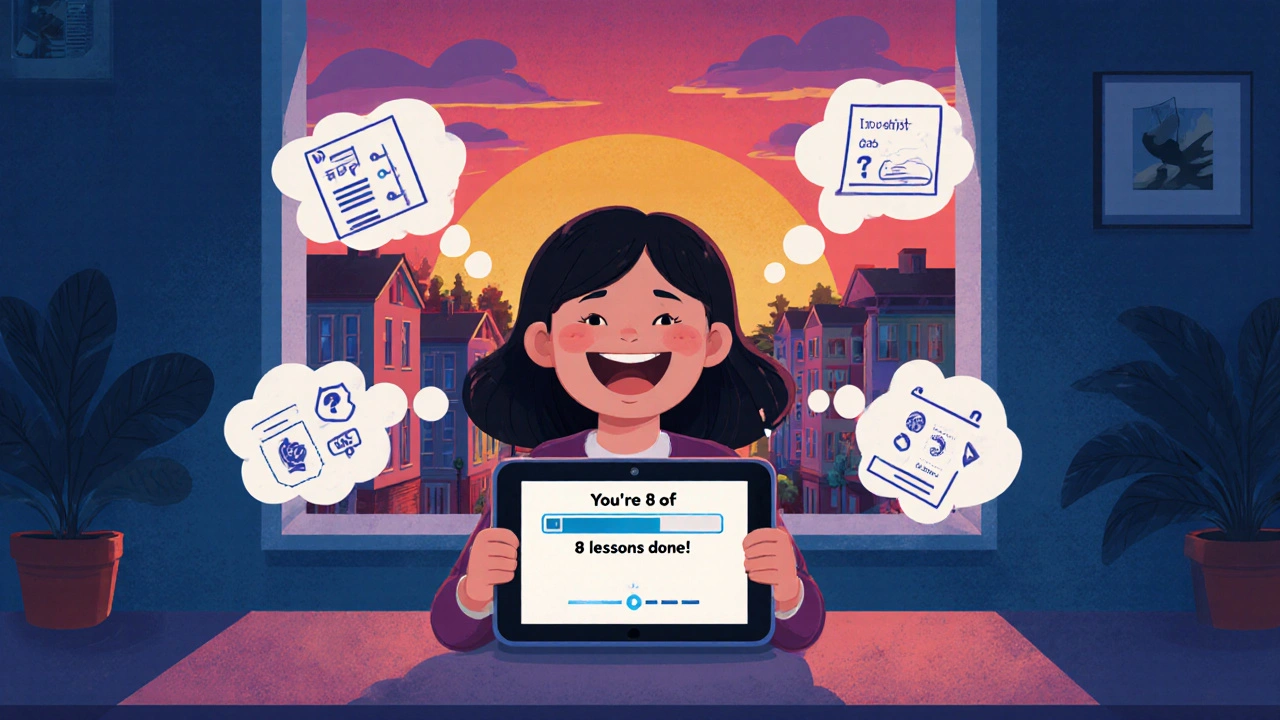 A student celebrates finishing a course with clear progress feedback and inclusive design.