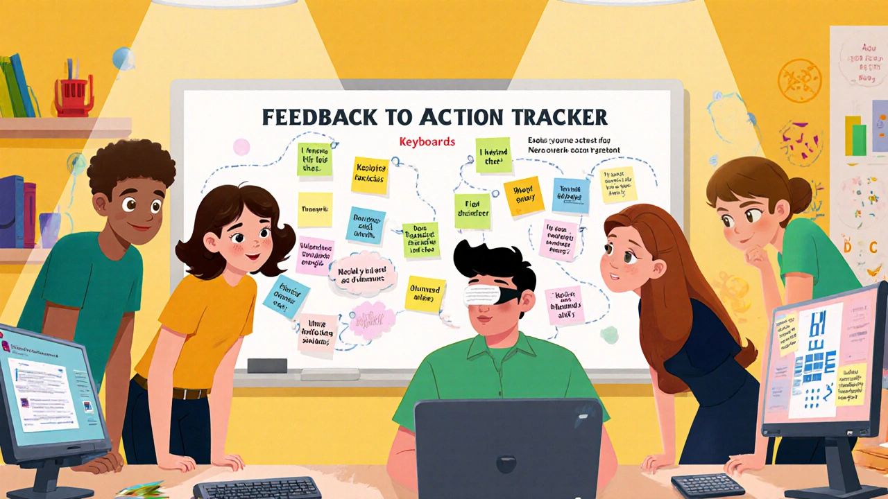 Designers observing a blind user navigate a course with keyboard and voice commands.