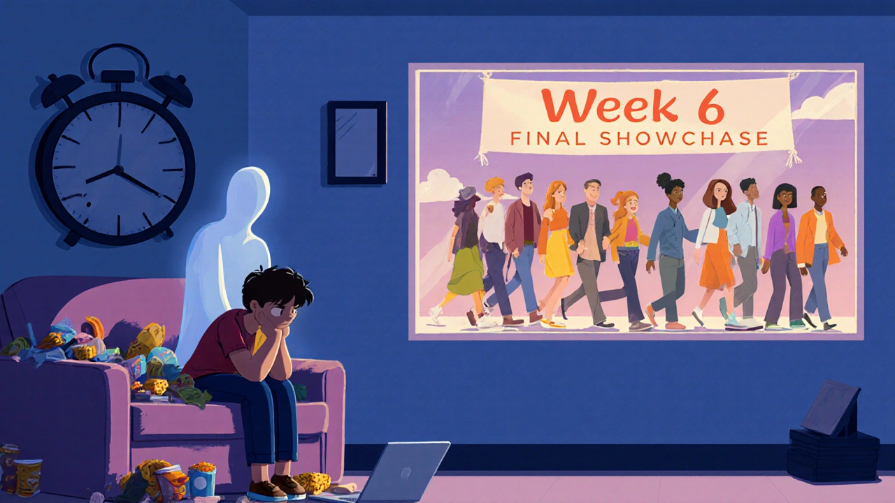 A lonely person on a couch surrounded by clutter, while a vibrant group of learners walks confidently in the distance.