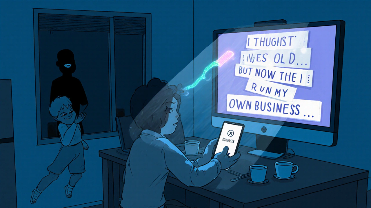 A nervous student recording a video testimonial at home with a child nearby, while their words turn into animated success text.