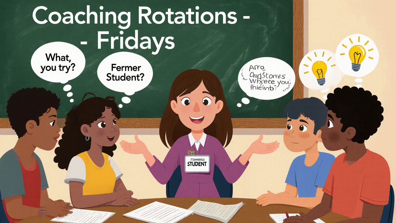 A peer coach guiding a small group with thoughtful questions, lightbulbs above students' heads showing understanding.