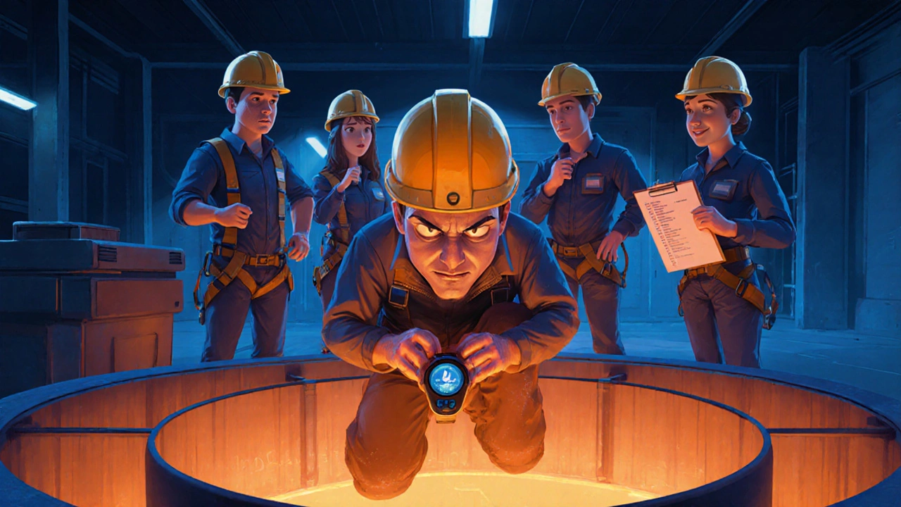 A worker practicing confined space rescue with teammates watching closely in an industrial setting.