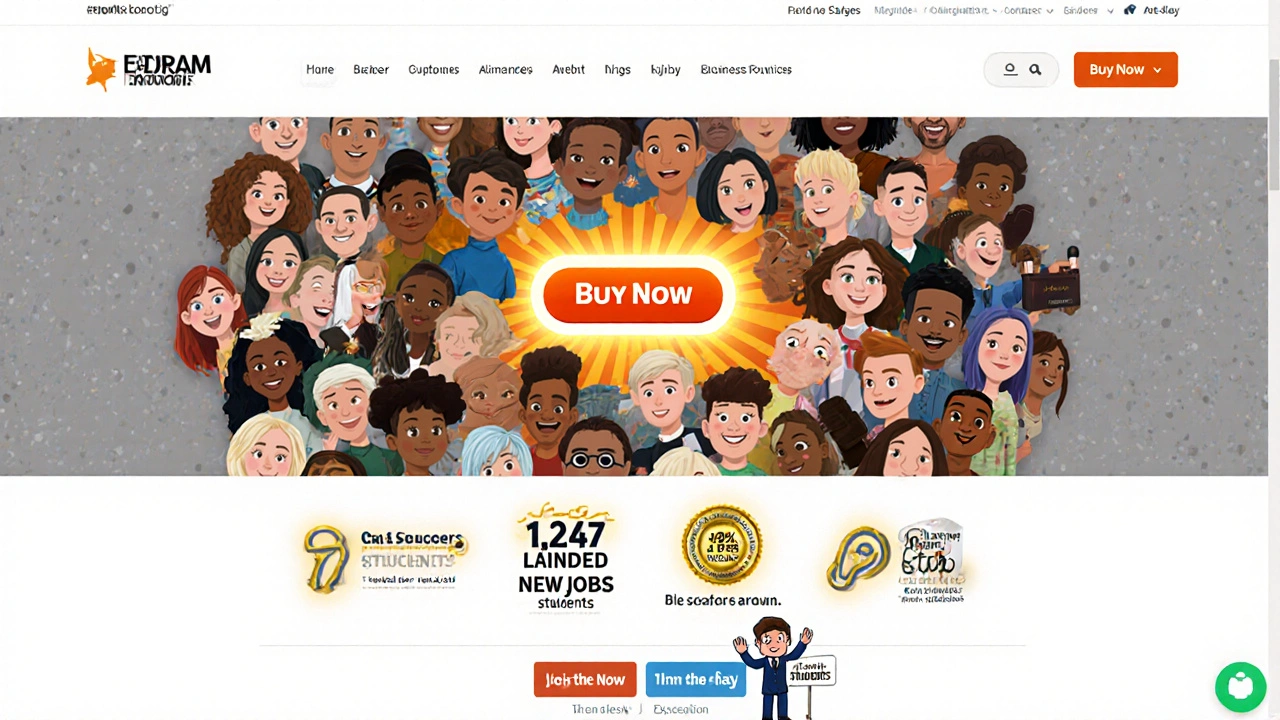 Animated portraits of students float around a glowing buy button, with badges showing real results like &#039;73 sold on Etsy&#039;.