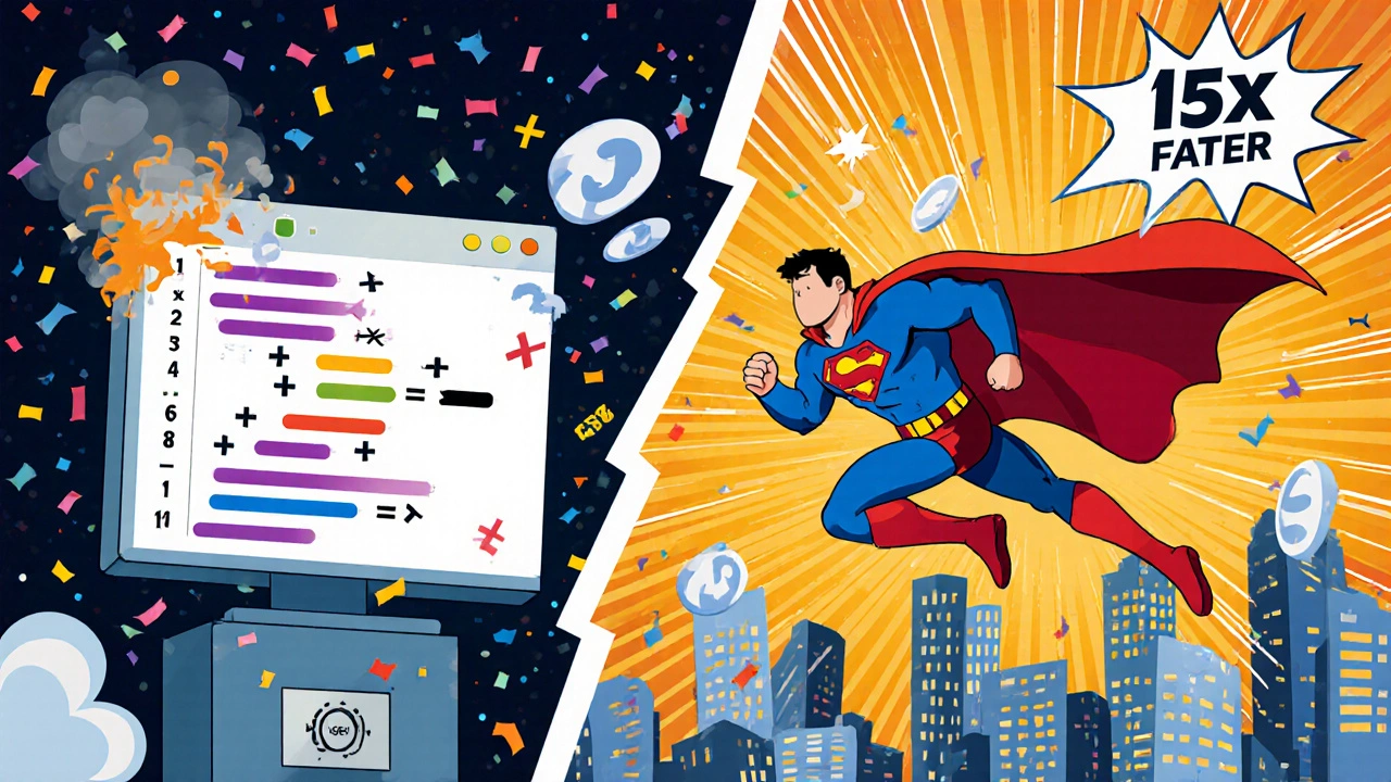 Cartoon code snippets racing: chaotic loop vs. fast join function with speed effects.