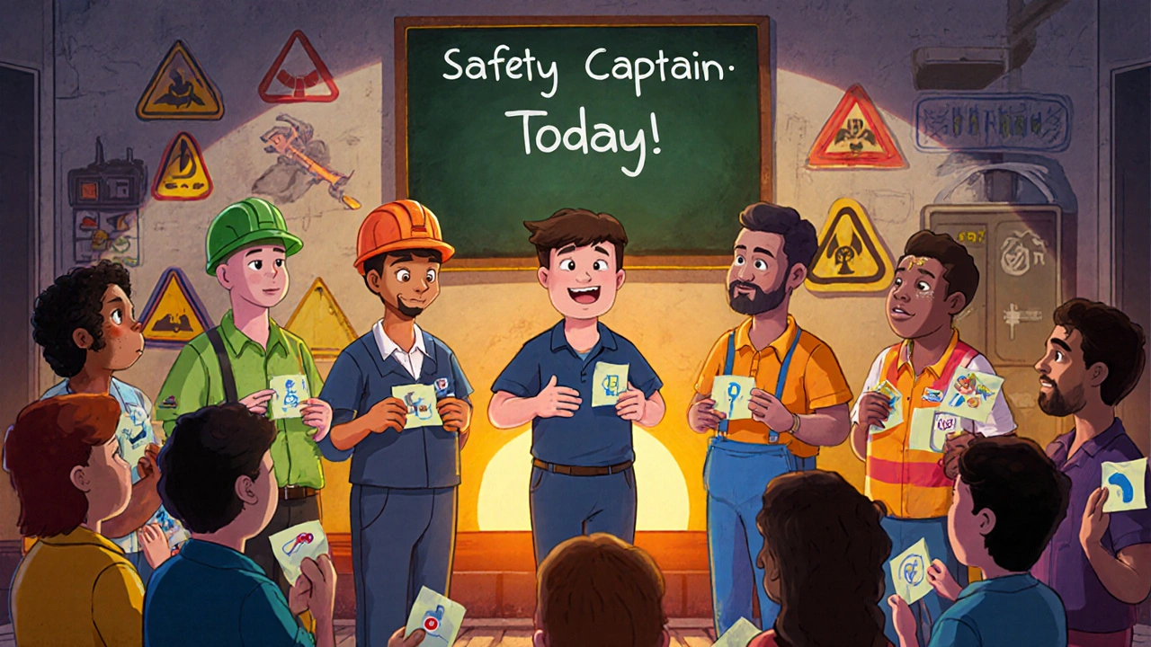 Diverse team in a safety huddle holding pictogram sticky notes, sharing stories on a factory floor.