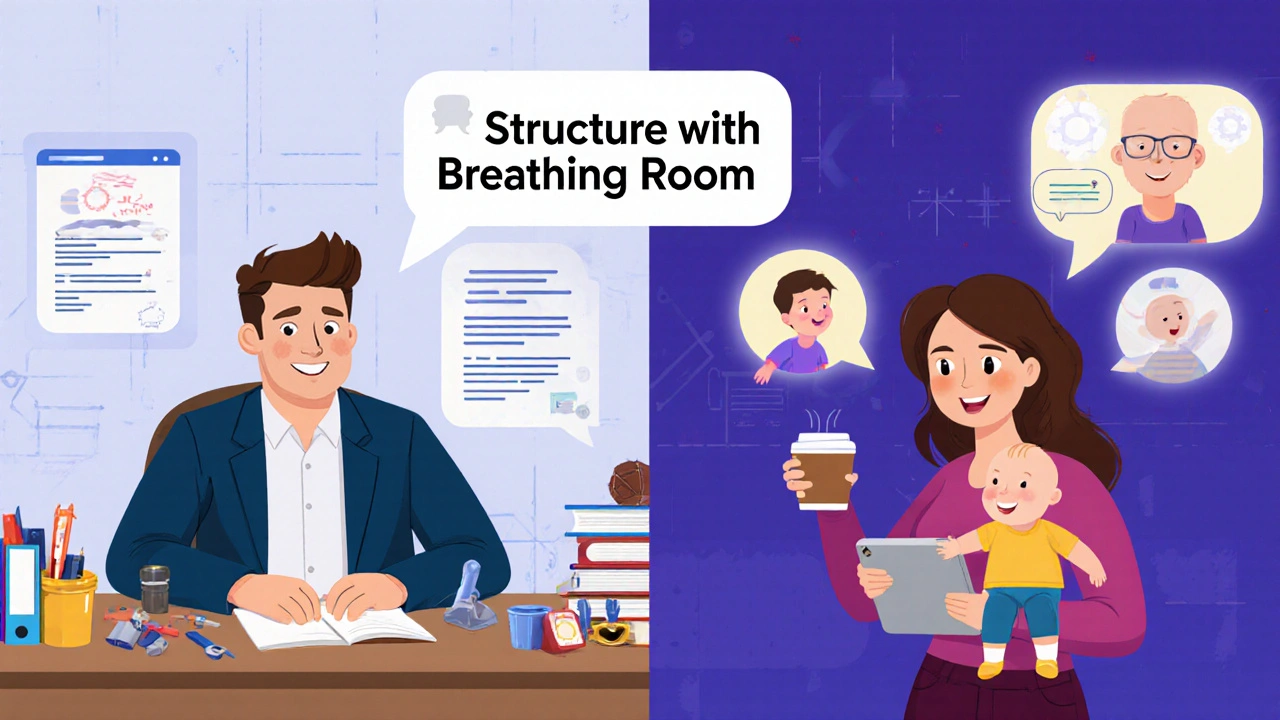 Split scene: confident expert vs. busy parent, with a supportive cohort glowing beside them, symbolizing flexible learning.