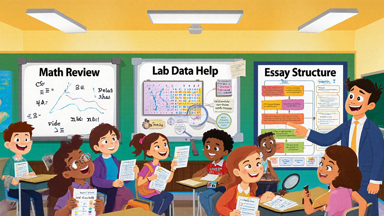 Three themed office hour stations with students working on math, lab data, and essay structure using illustrated guides.
