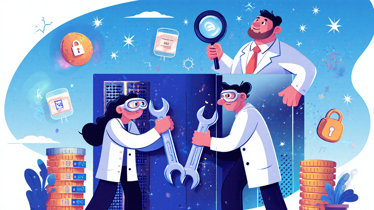 Cartoon team fixing a server with glowing logs and an auditor inspecting their work, all in vibrant DreamWorks style.