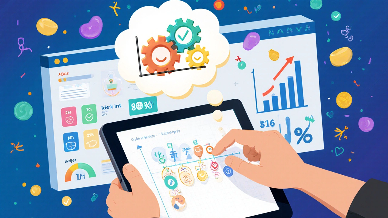 Instructional designer creating motion graphics with floating quiz score improvements