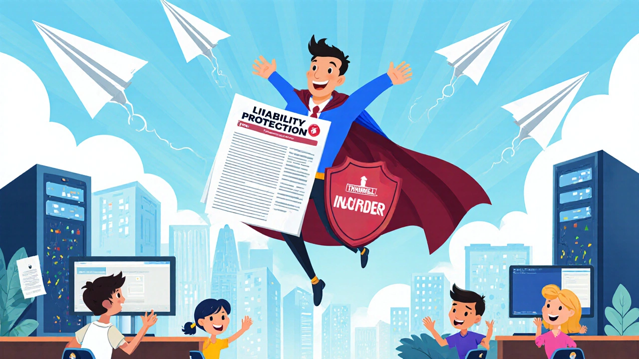 Instructor superhero flying with insurance shield, dodging lawsuit paper airplanes