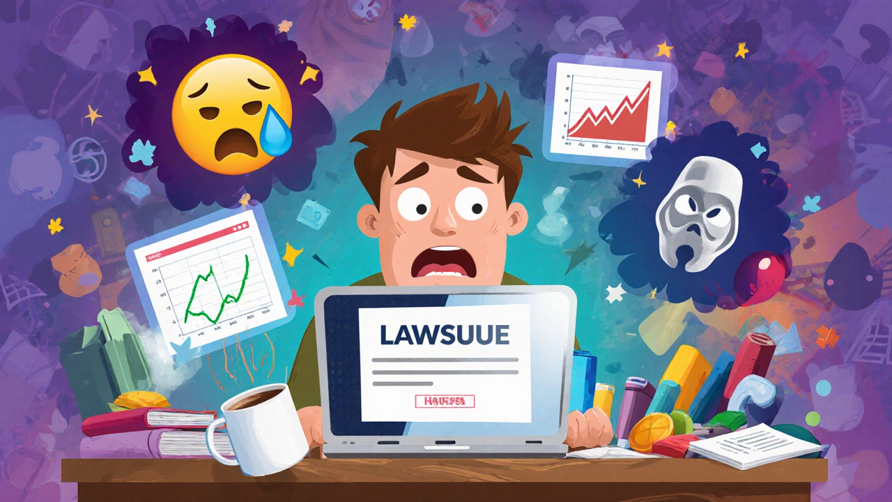 Online teacher shocked by lawsuit notifications on laptop with digital risk icons