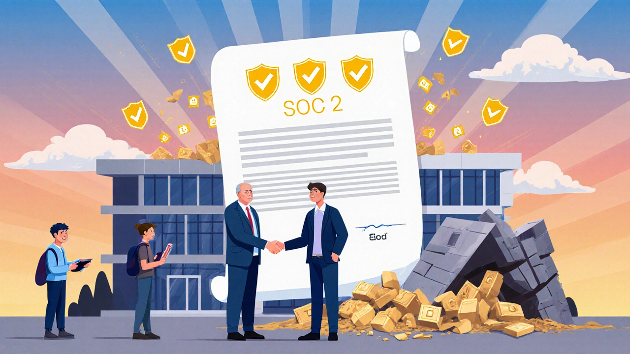 School superintendent shaking hands with founder as a SOC 2 certificate unfurls, while a broken platform crumbles in the background.