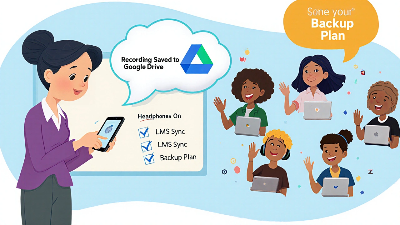 Teacher using phone hotspot as backup, with cloud recording and checklist floating in DreamWorks cartoon style.