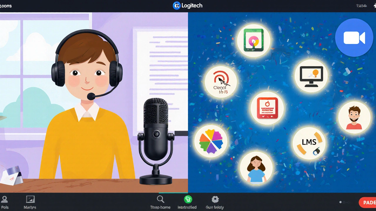 Teacher with webcam and mic, surrounded by educational tools like breakout rooms and LMS icons in cartoon style.