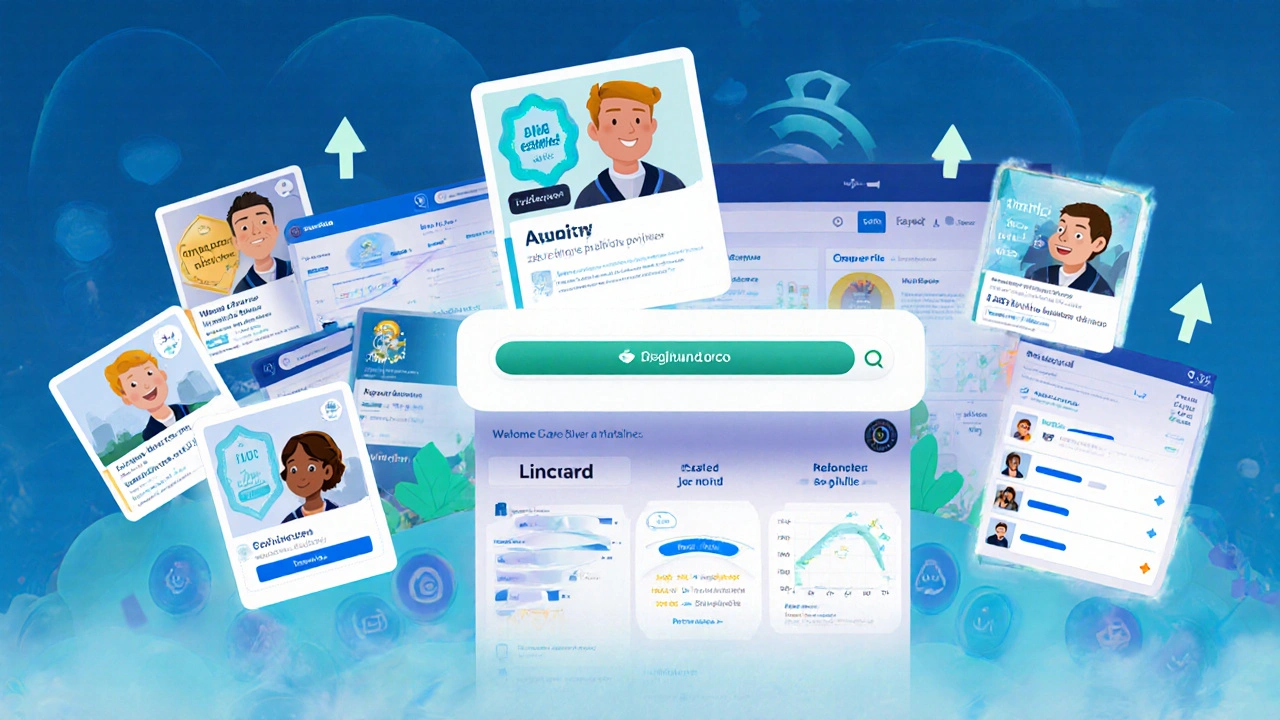 A glowing verification portal displays certified workers' videos as employers search, with job boards updating to show the certification as a selectable filter.