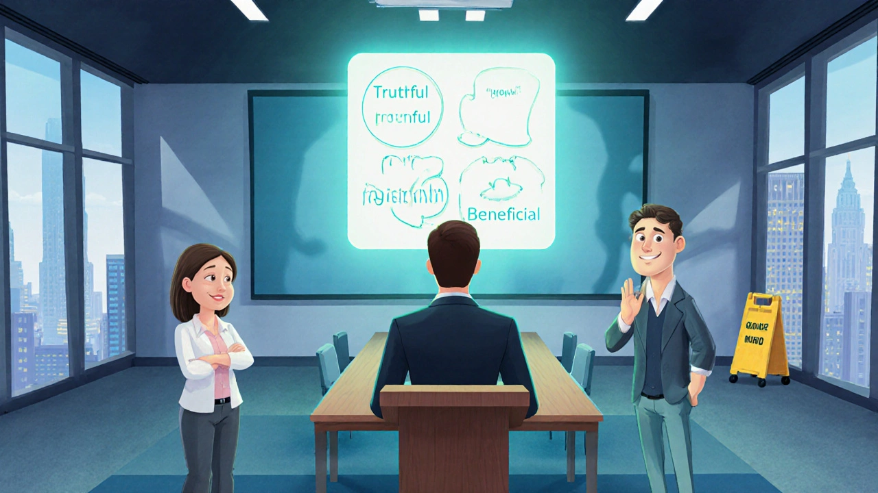 Manager stands before a glowing ethical decision framework while an employee hesitates over a fraudulent email.