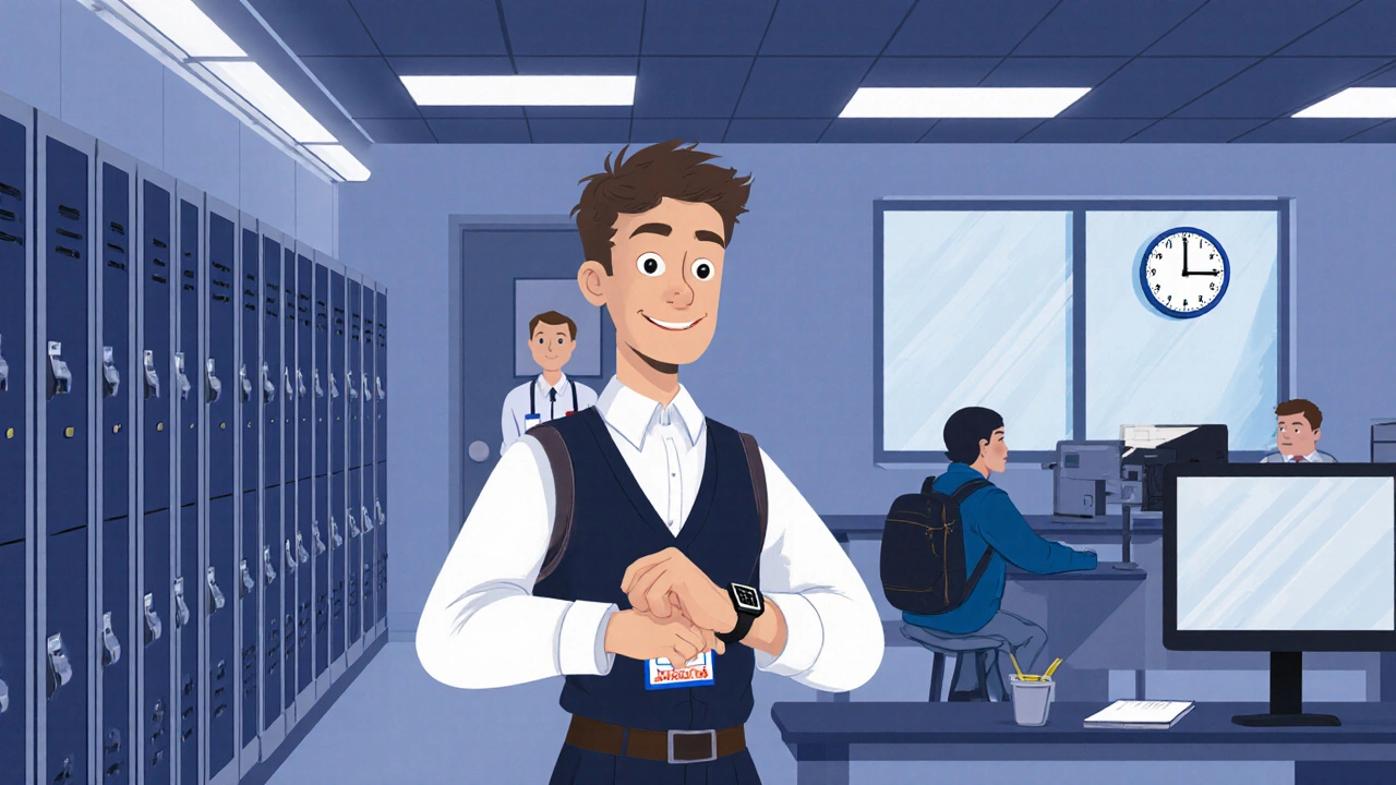 A candidate entering a secure test center with a proctor, calm and prepared for their exam.