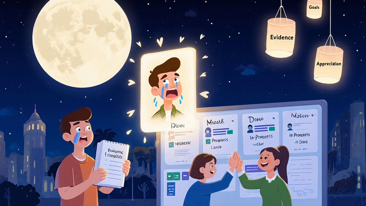 A designer looks through a glowing portal showing their growth from hurt to supported by the team.