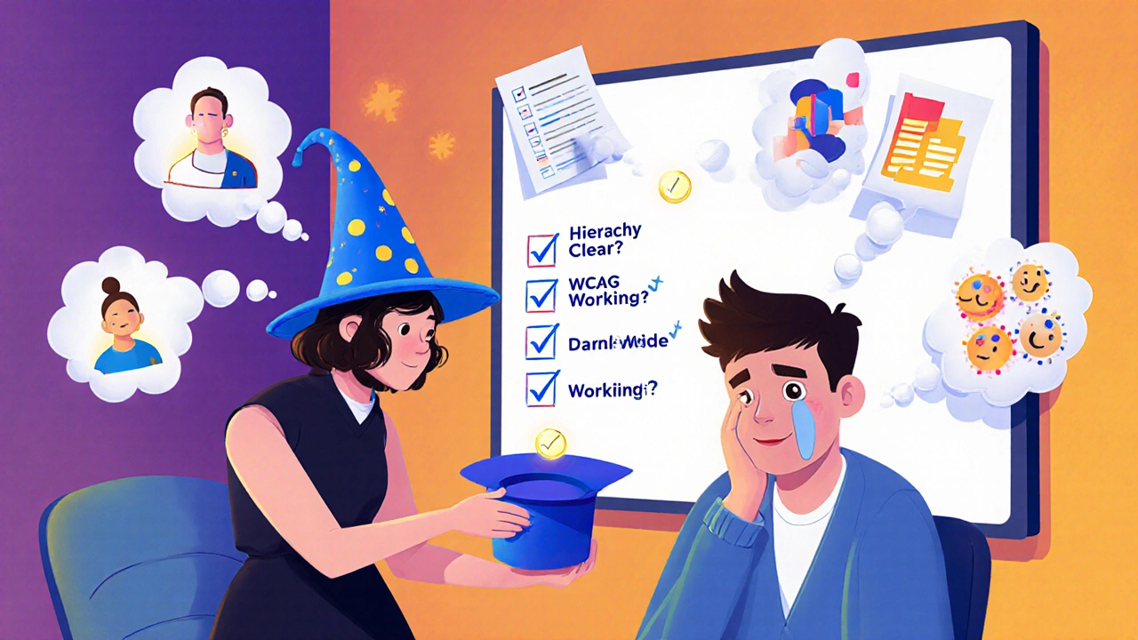A facilitator passes a wizard-style hat to a quiet designer, with user personas and checklists floating nearby.