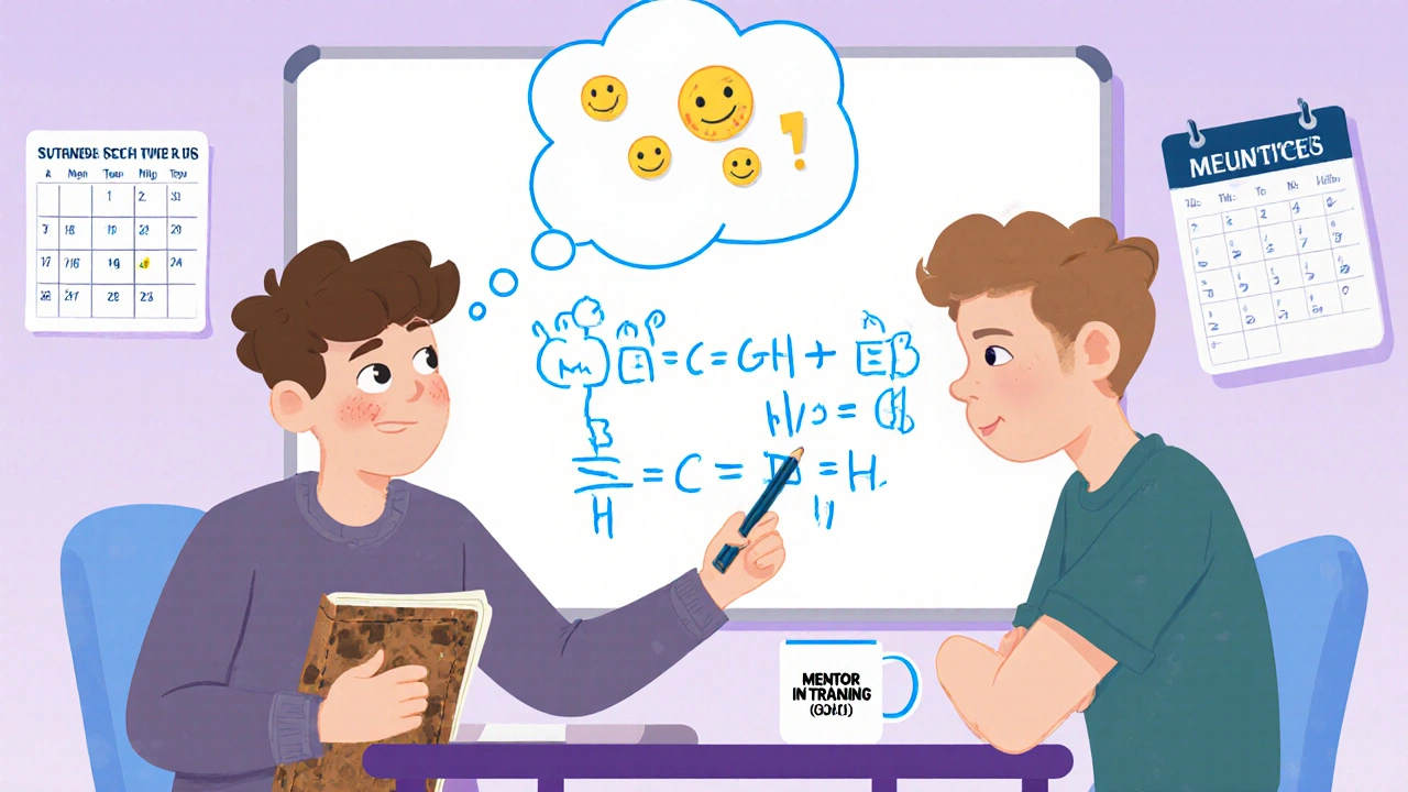 A sophomore mentoring a freshman with a chemistry equation on a whiteboard, showing shared struggle and support.