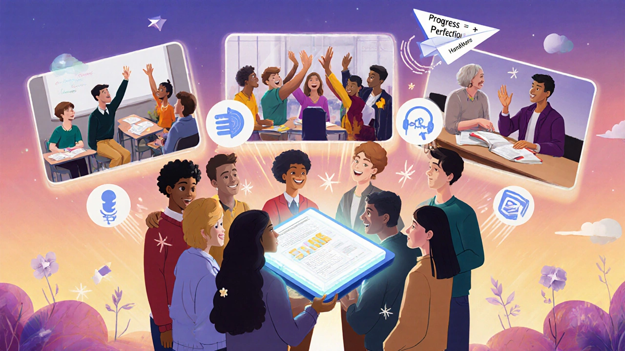 A student committee surrounded by floating icons of study tools and progress, symbolizing sustainable peer learning.