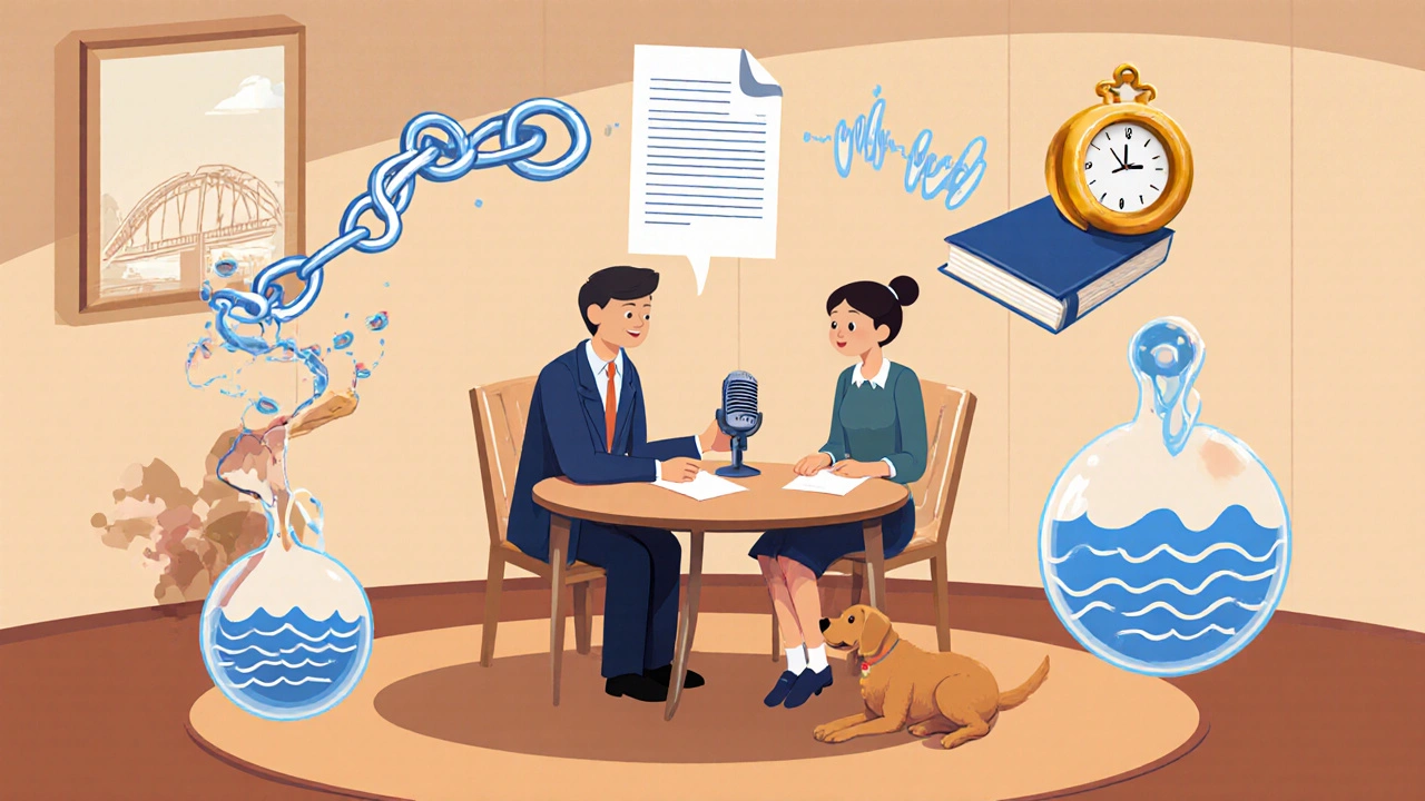 Professor and student reviewing podcast assignment with service dog nearby, symbolic visuals floating around them.