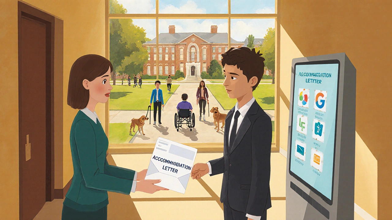 Professor handing accommodation letter to student in sunny campus hallway with service animals nearby.