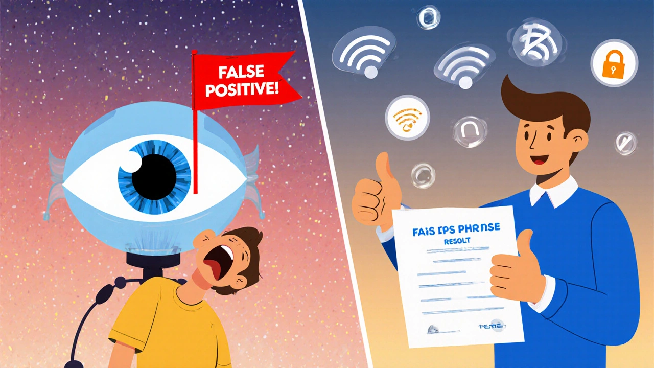 Split scene showing AI misidentifying a yawn as cheating versus a human proctor approving a test result.