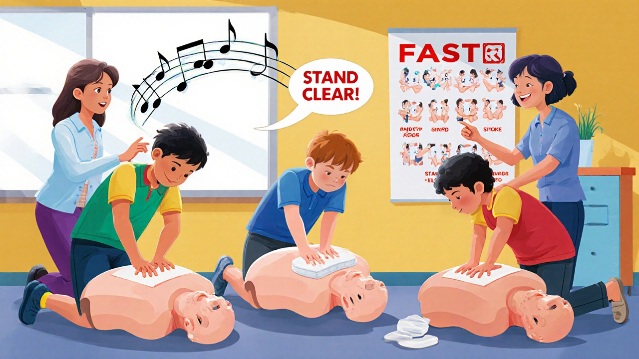A group practicing CPR and using an AED on mannequins in a classroom, with musical notes showing rhythm.