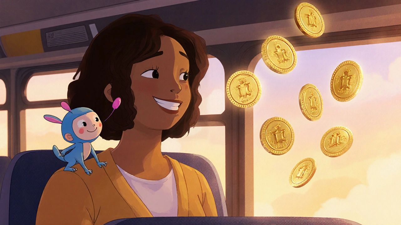 A mother on a bus is guided by a tiny Learning OS sprite, with glowing micro-credentials floating around her as she learns on the go.