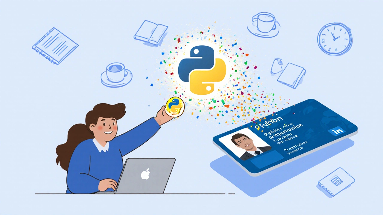 A Python Ninja badge transforming into code particles that become a LinkedIn professional credential.
