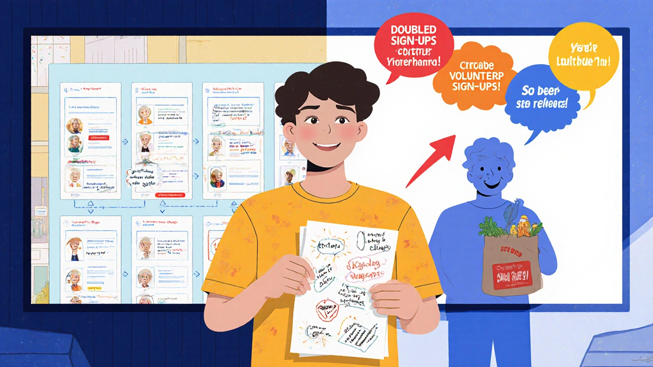 A student presents a simplified wireframe that doubled sign-ups, with before-and-after visuals behind them.