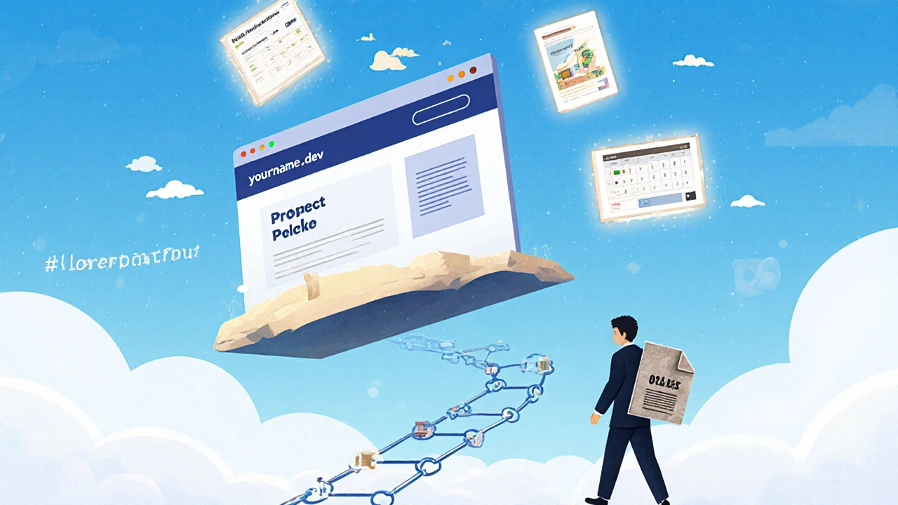 Floating personal website domain with three animated project demos, while a dusty code file fades in the background.