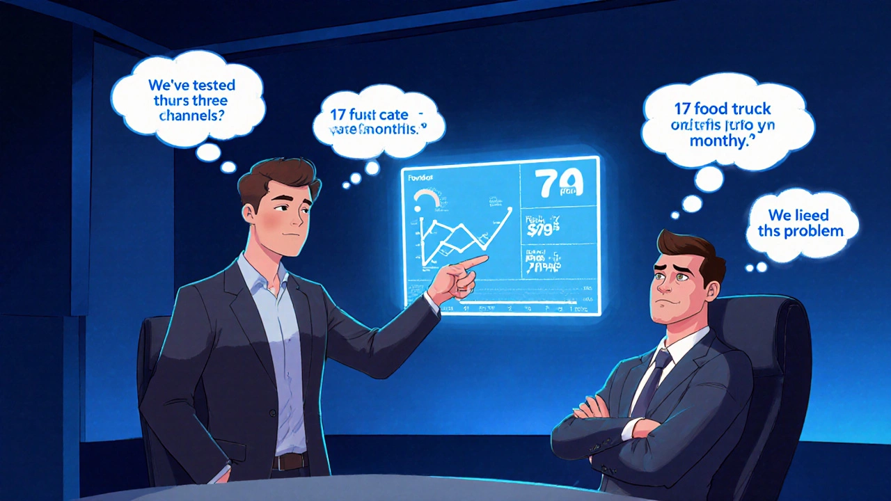 Founder confidently explains unit economics to a skeptical investor in a cinematic boardroom with floating data bubbles.
