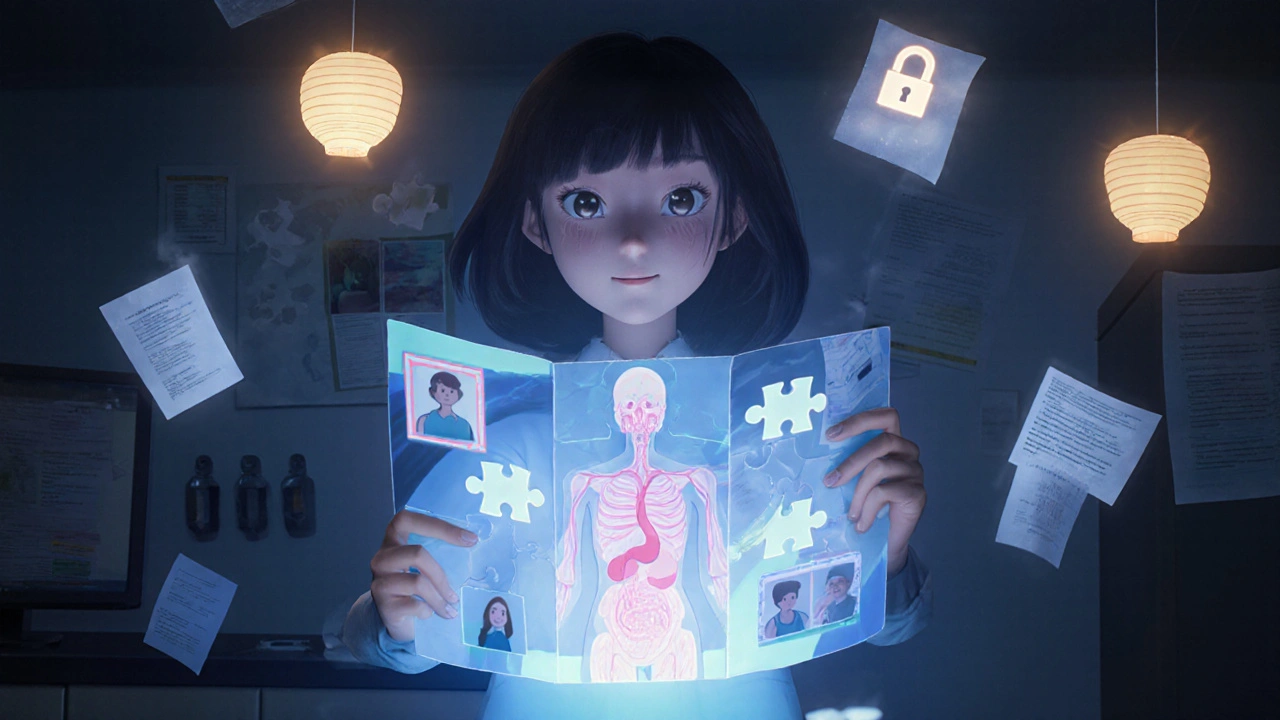 Medical student assembling a 3D anatomy puzzle from floating patient data clues.