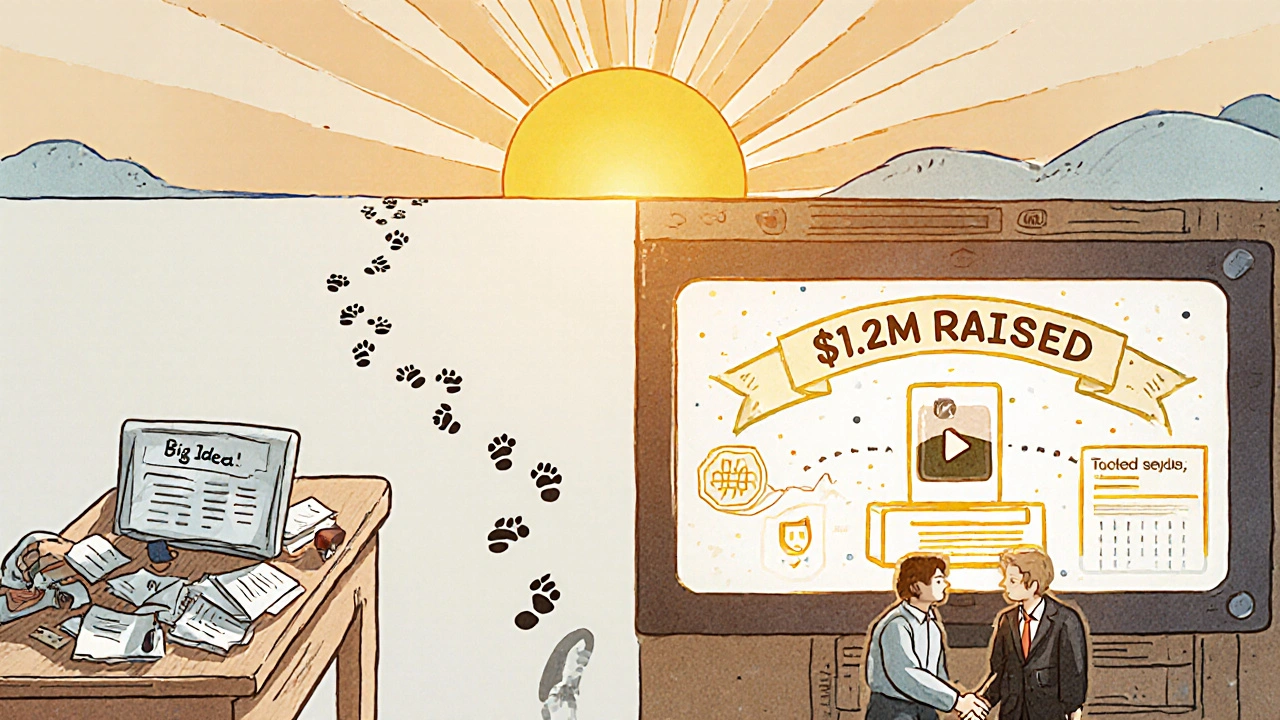 Split scene showing chaotic ideas transforming into a clean, successful pitch deck with a handshake under a rising sun.