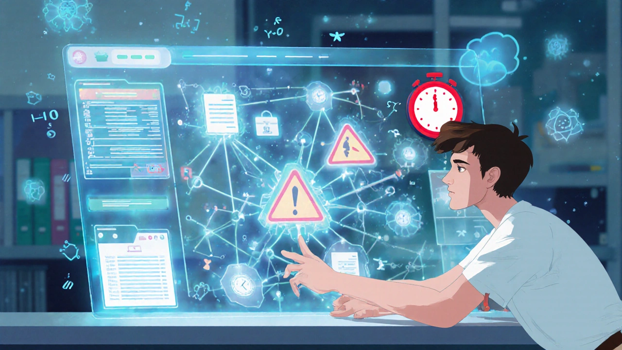 Student tracing a cyberattack on a glowing network dashboard with animated alerts.
