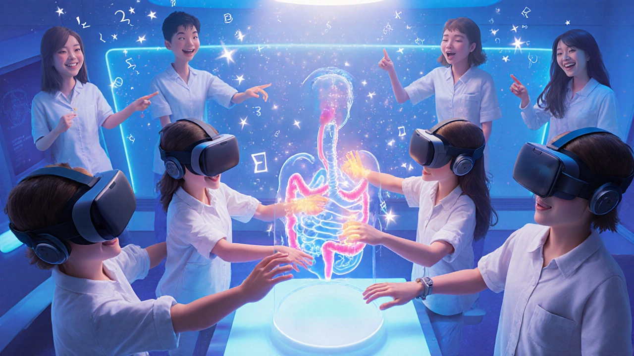 Students in a glowing 3D virtual classroom explore anatomy together, surrounded by floating holograms and collaborative peers.