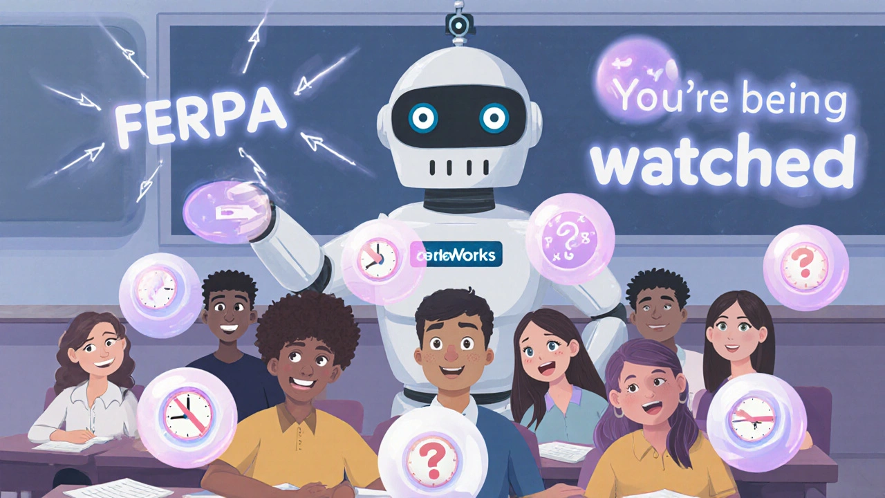Students with learning behavior halos protected by a friendly FERPA robot in colorful classroom