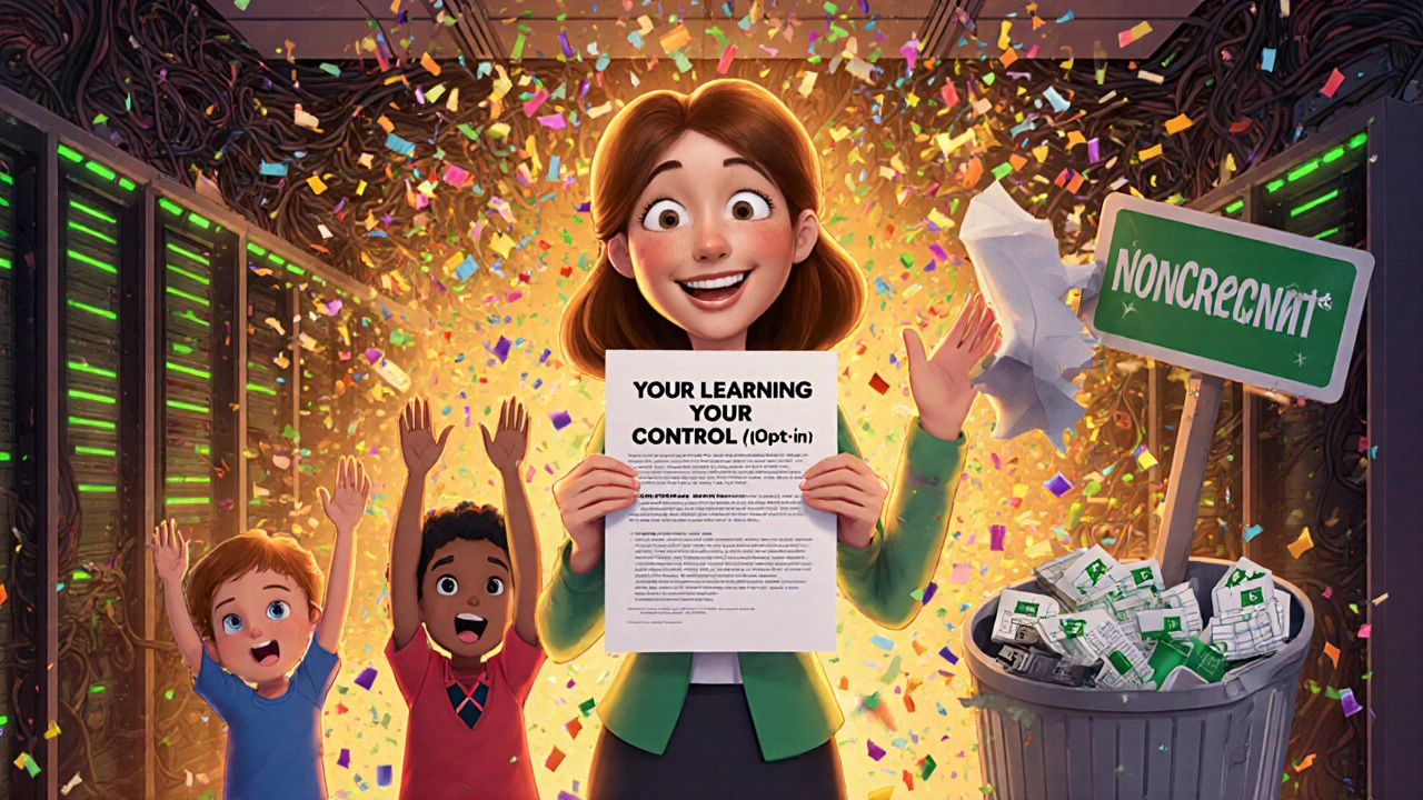 Teacher handing out privacy notice as chaotic trackers turn to confetti in hopeful scene