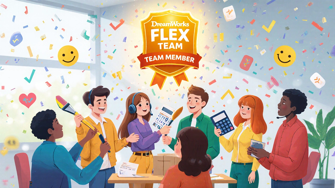 Team members holding new skill tools with a glowing Flex Team Member badge above them.