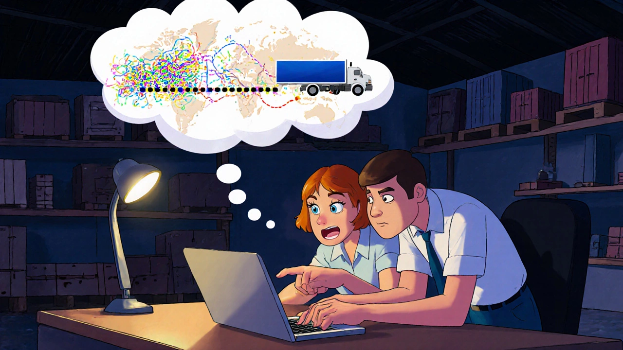 Two coworkers solving a logistics problem together with a transforming delivery map.