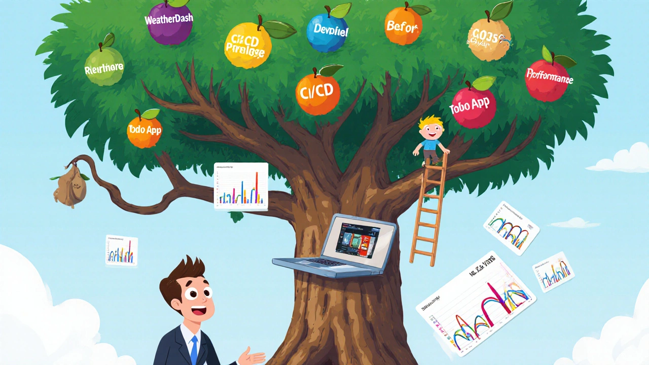 Whimsical GitHub tree with live projects blooming and a dead branch labeled &#039;2023 Todo App&#039;, watched by a delighted hiring manager.