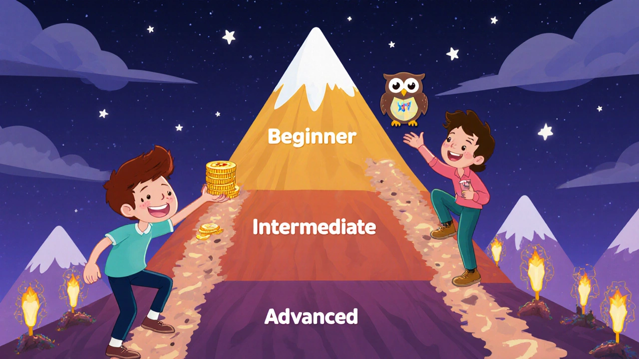 Whimsical tiered leaderboard mountain with learners climbing paths labeled by skill level.