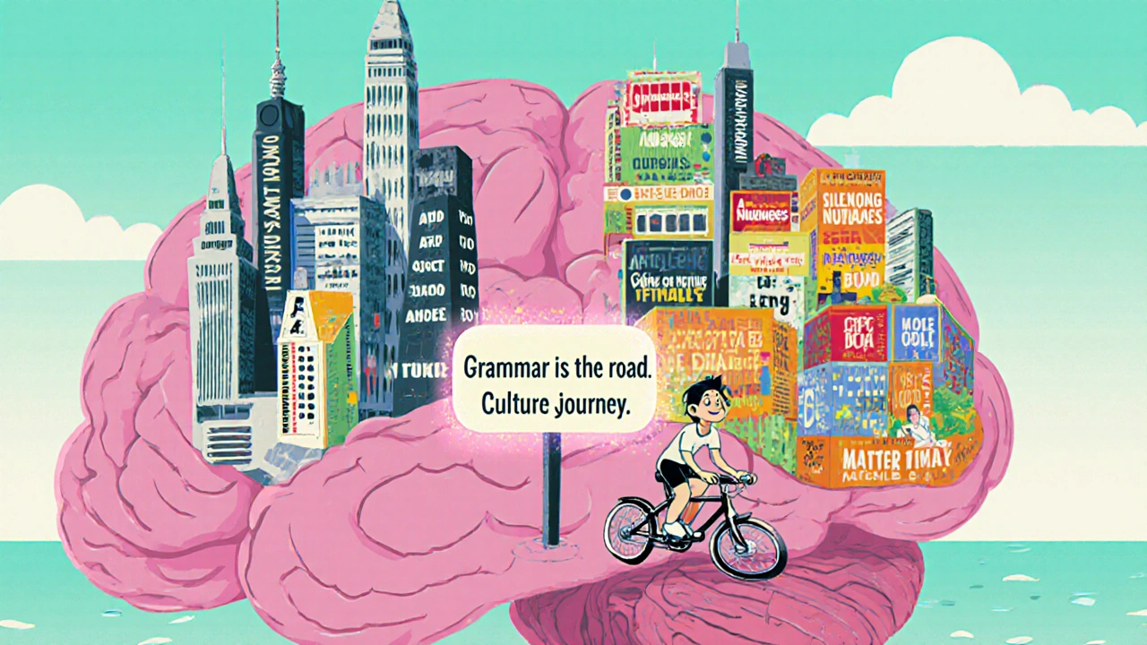 A brain city with grammar towers on one side and vibrant cultural neighborhoods on the other, a learner biking between them.