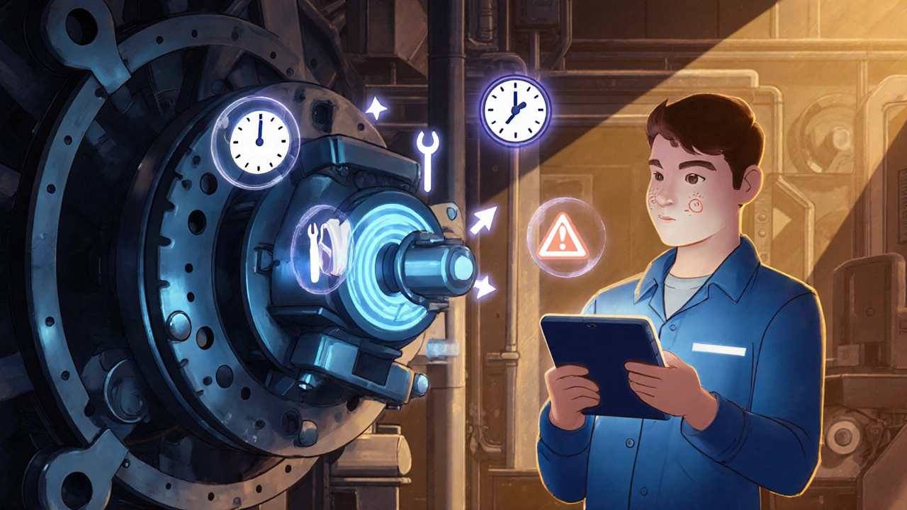 A factory technician follows an animated guide on a tablet while repairing equipment, with floating visual steps hovering nearby.