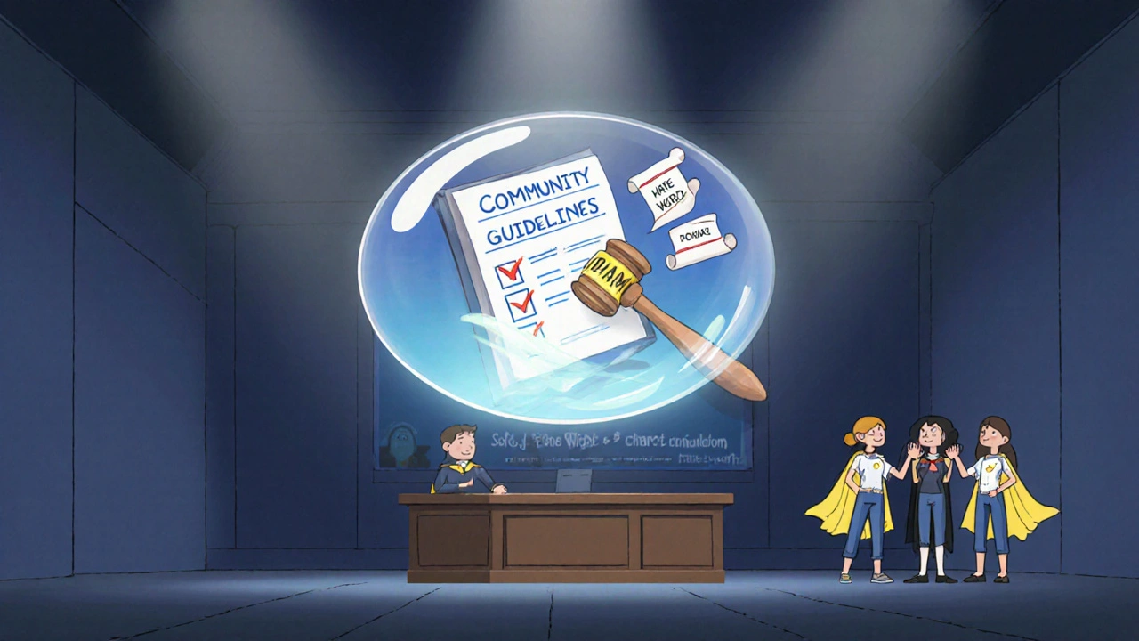 A glowing checklist gavel strikes down three violations in a transparent bubble above a quiet online forum.