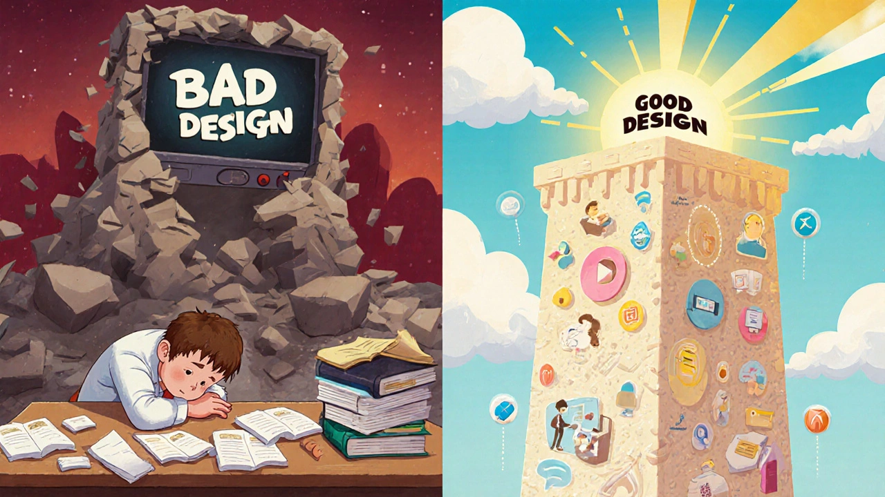 A learner surrounded by collapsing bad design elements, while a glowing good design structure rises nearby.